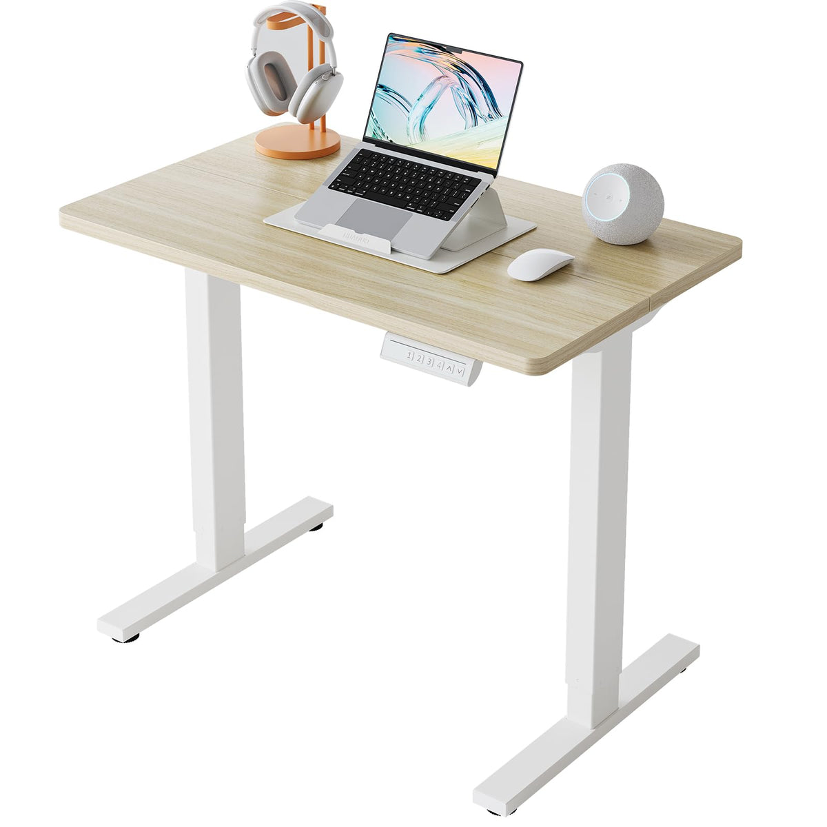 HUANUO 32x19 Inch Small Electric Standing Desk, Adjustable, Light Walnut