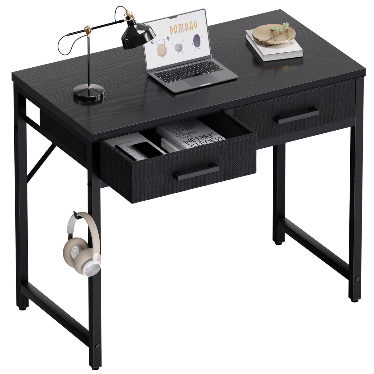Pamray 32 Inch Small Computer Desk with 2 Drawers for Bedroom Study Writing Home Office Table for Small Spaces Black