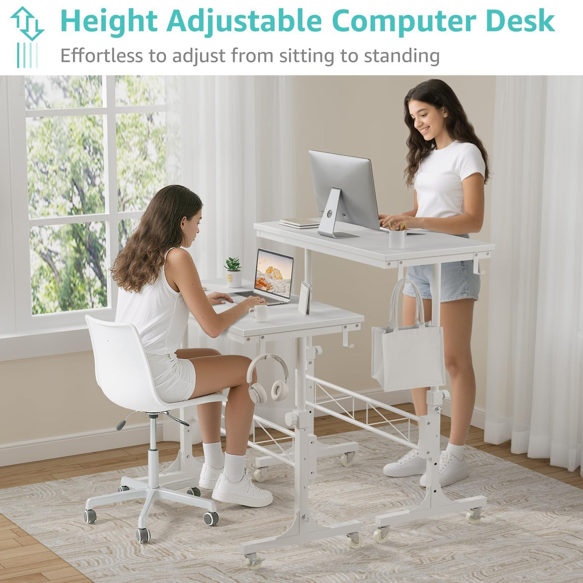WINAZ Rolling Standing Desk with Wheels, 32" Adjustable Height Small Portable Teacher Desk for Classroom, Mobile Treadmill Walking Pad Table for Laptop, Compact White Home Office Workstation