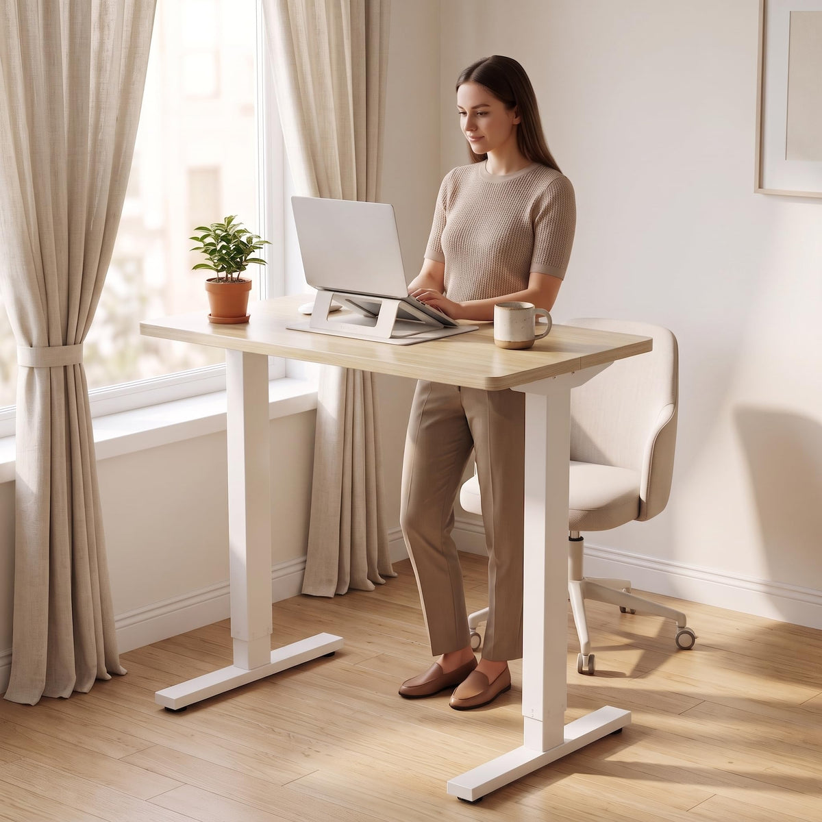 HUANUO 32x19 Inch Small Electric Standing Desk, Adjustable, Light Walnut