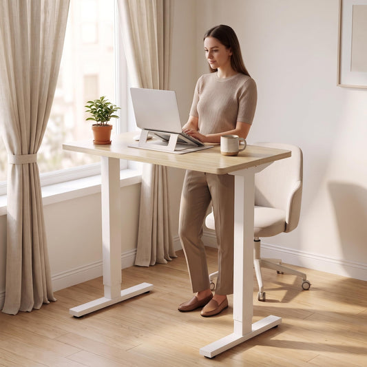 HUANUO 32x19 Inch Small Electric Standing Desk, Adjustable, Light Walnut